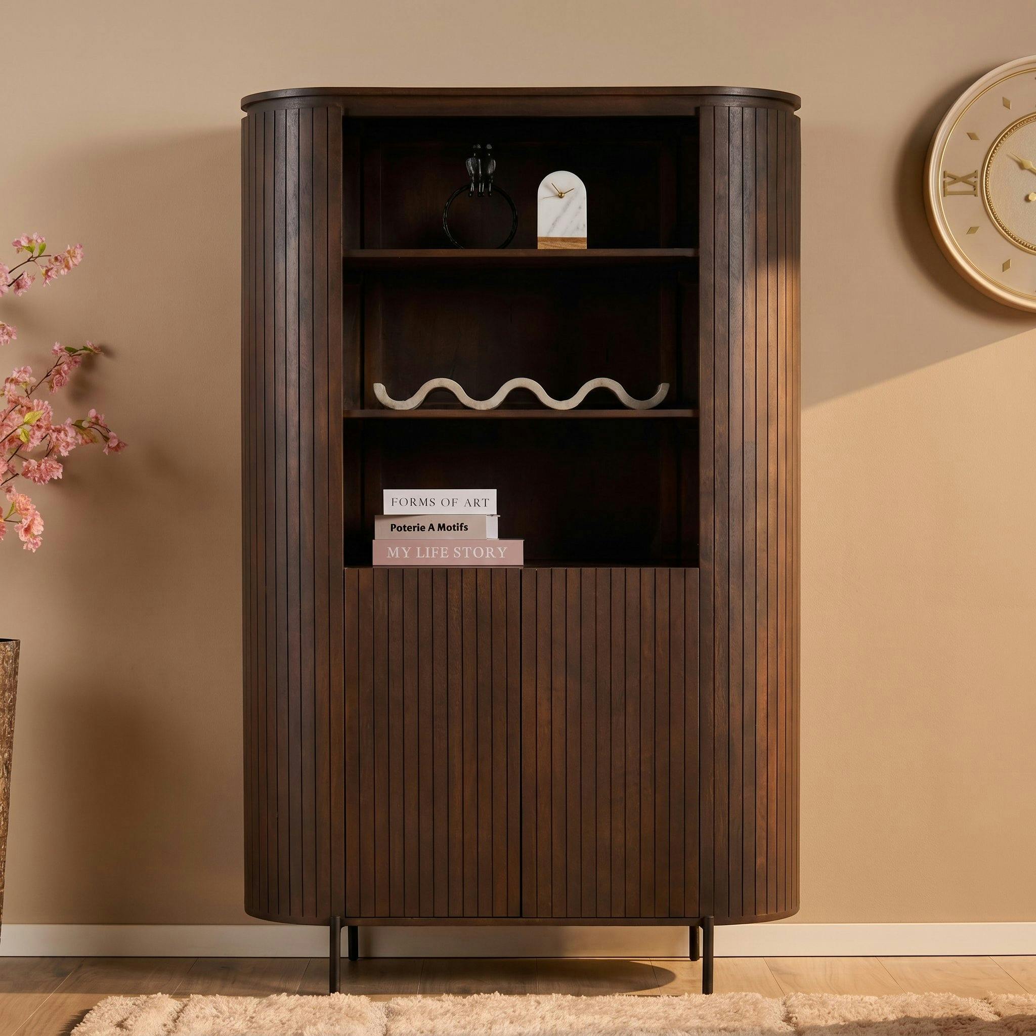 Buffet haut bois marron rainuré 2 portes 3 étagères CALERO