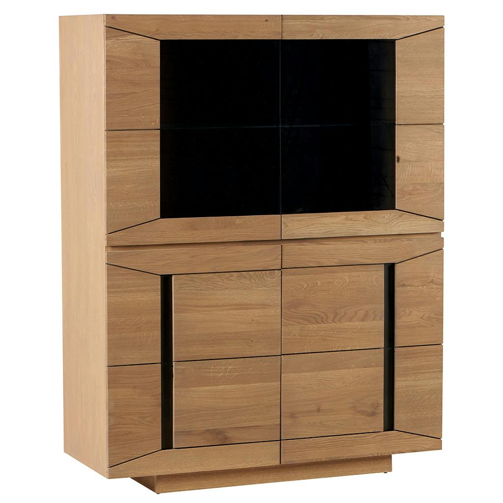 Buffet haut Chêne ciré et métal patiné 4 portes dont 2 vitrées fumées 120x43x153cm DARIO