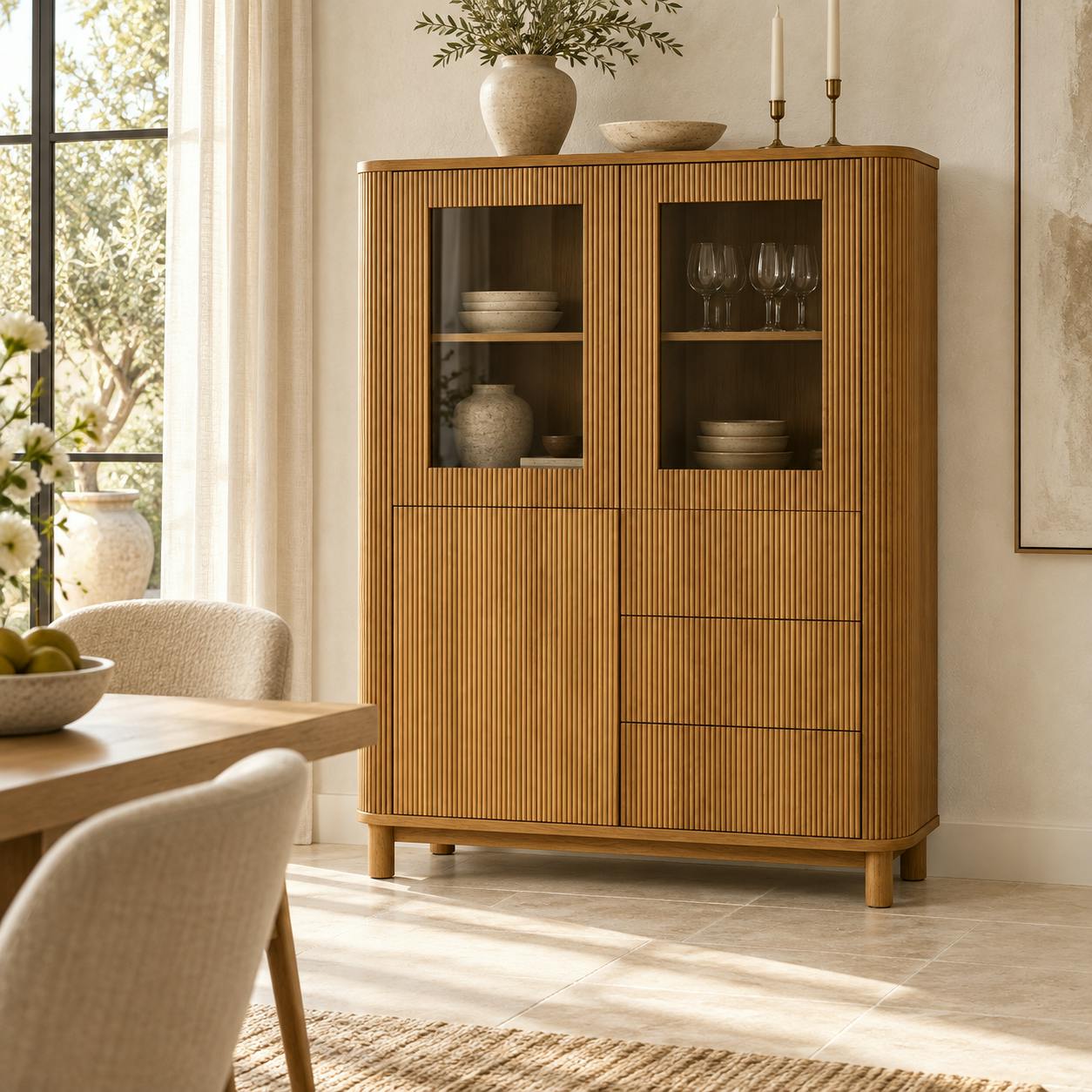 Buffet haut chêne rainuré 2 portes vitrées IENA