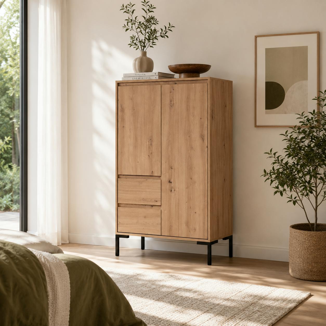 Buffet haut décor bois 2 portes 2 tiroirs KARVI