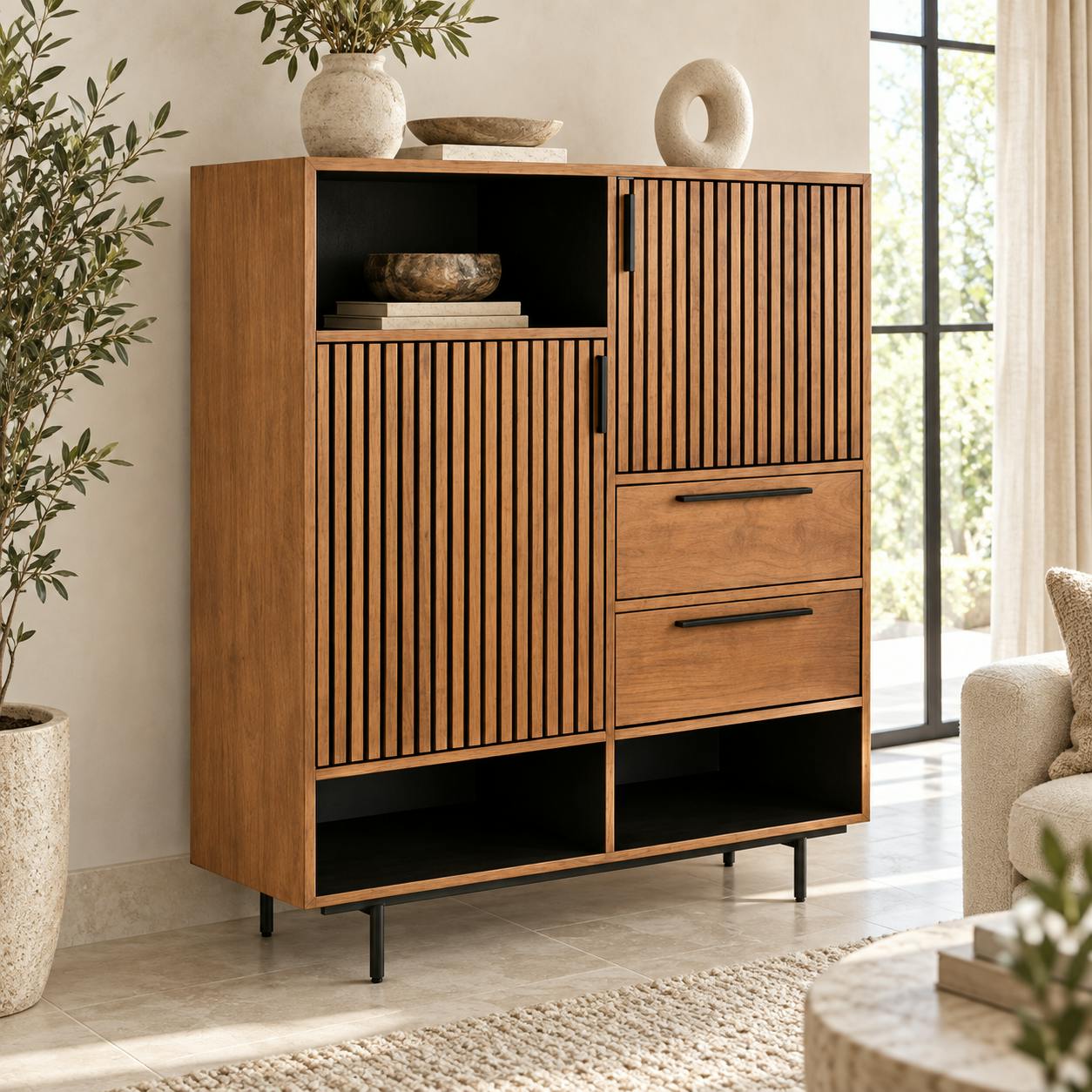 Buffet haut design teck recyclé intérieur noir FANO