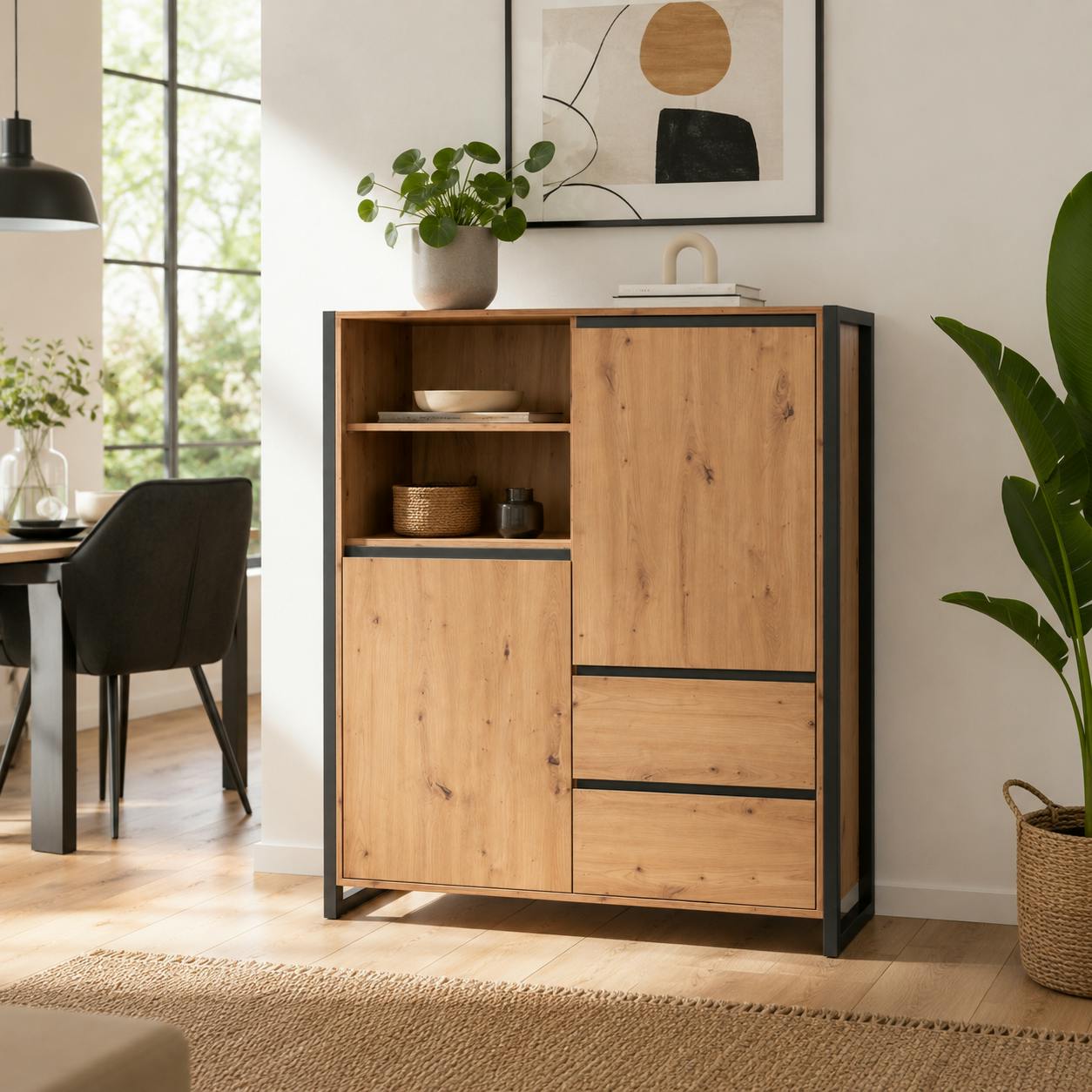 Buffet haut effet chêne 2 portes 2 tiroirs ALVA