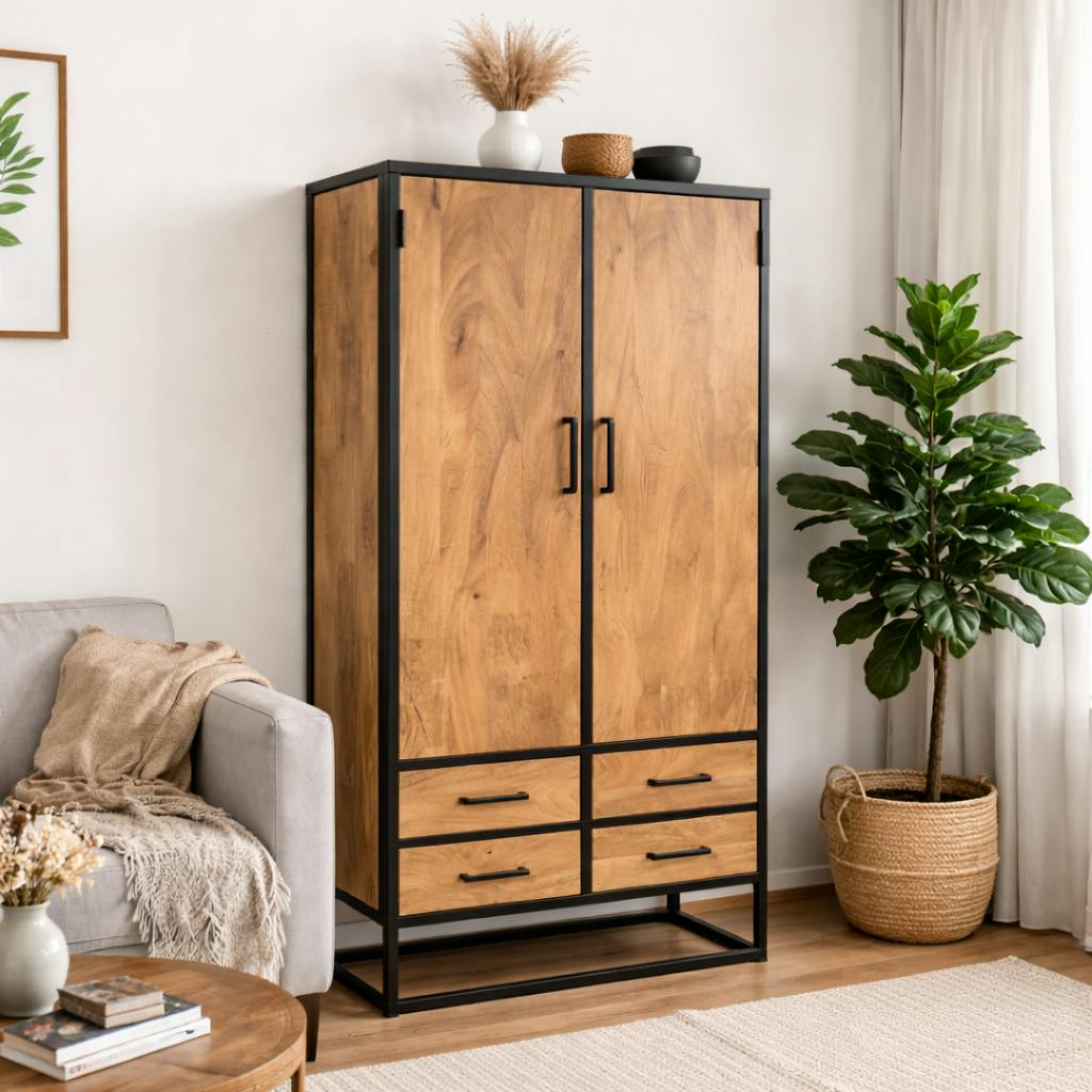 Buffet haut en bois clair 2 portes 4 tiroirs RIVANO