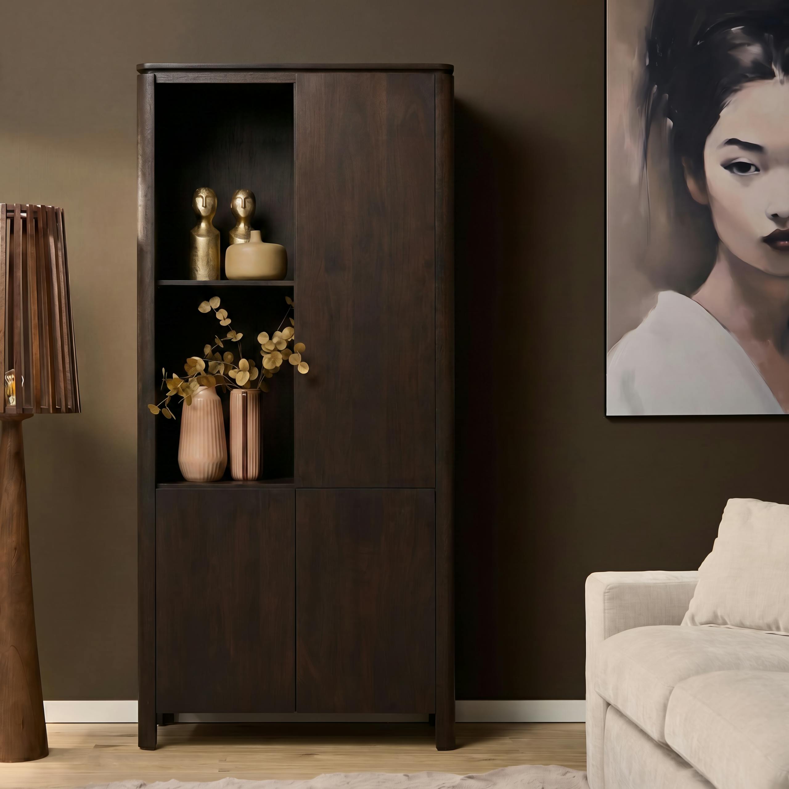 Buffet haut en bois marron 3 portes 2 niches KASO