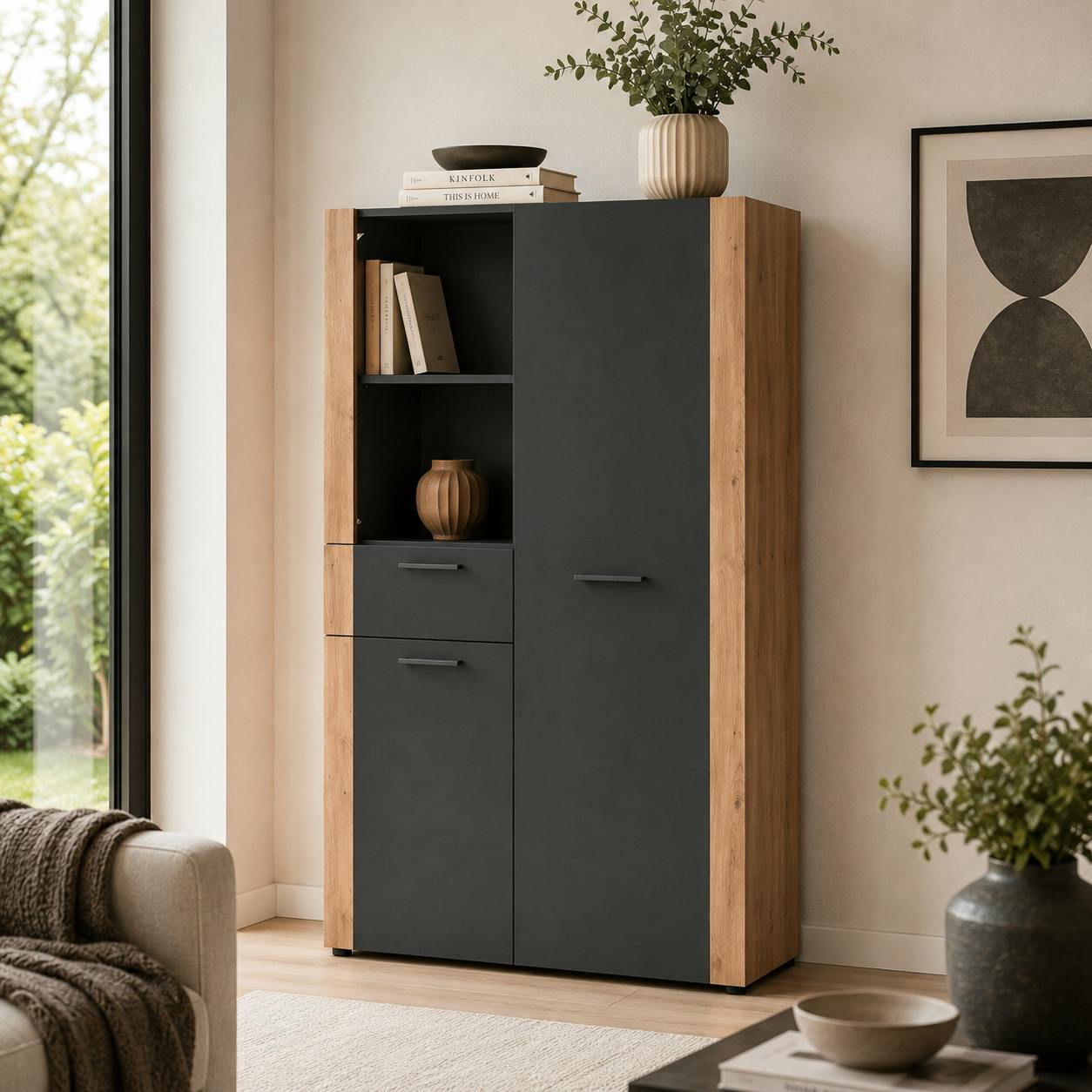 Buffet haut gris foncé 2 portes 1 tiroir ALVA