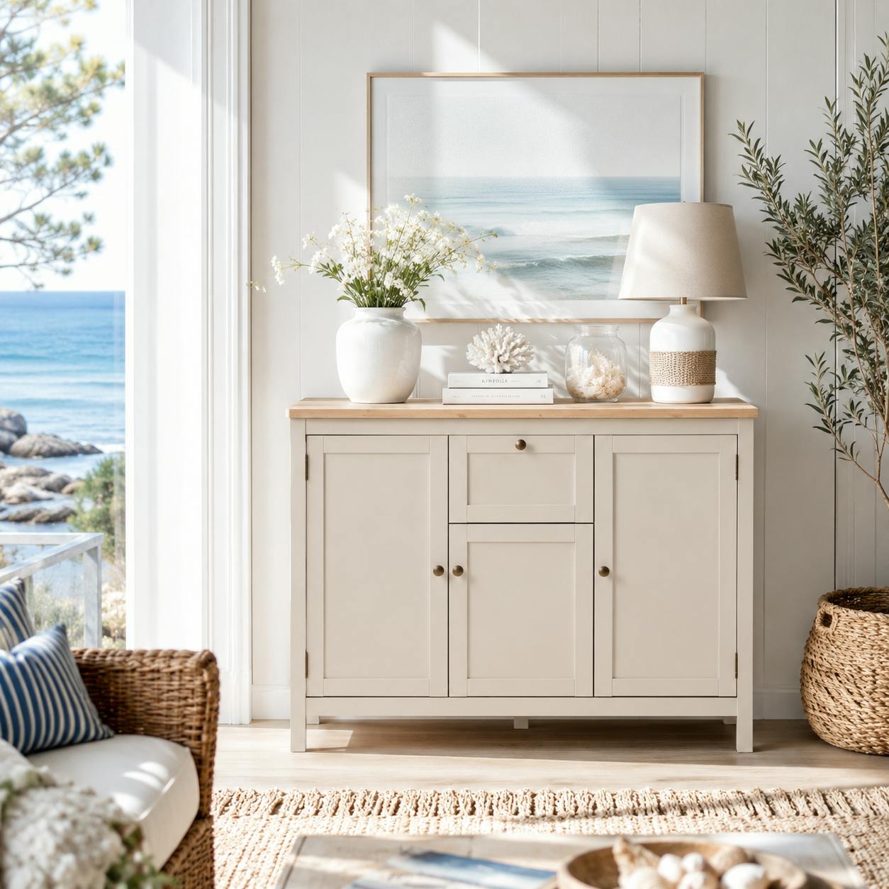 Buffet haut gris taupe 3 portes 1 tiroir VENZA