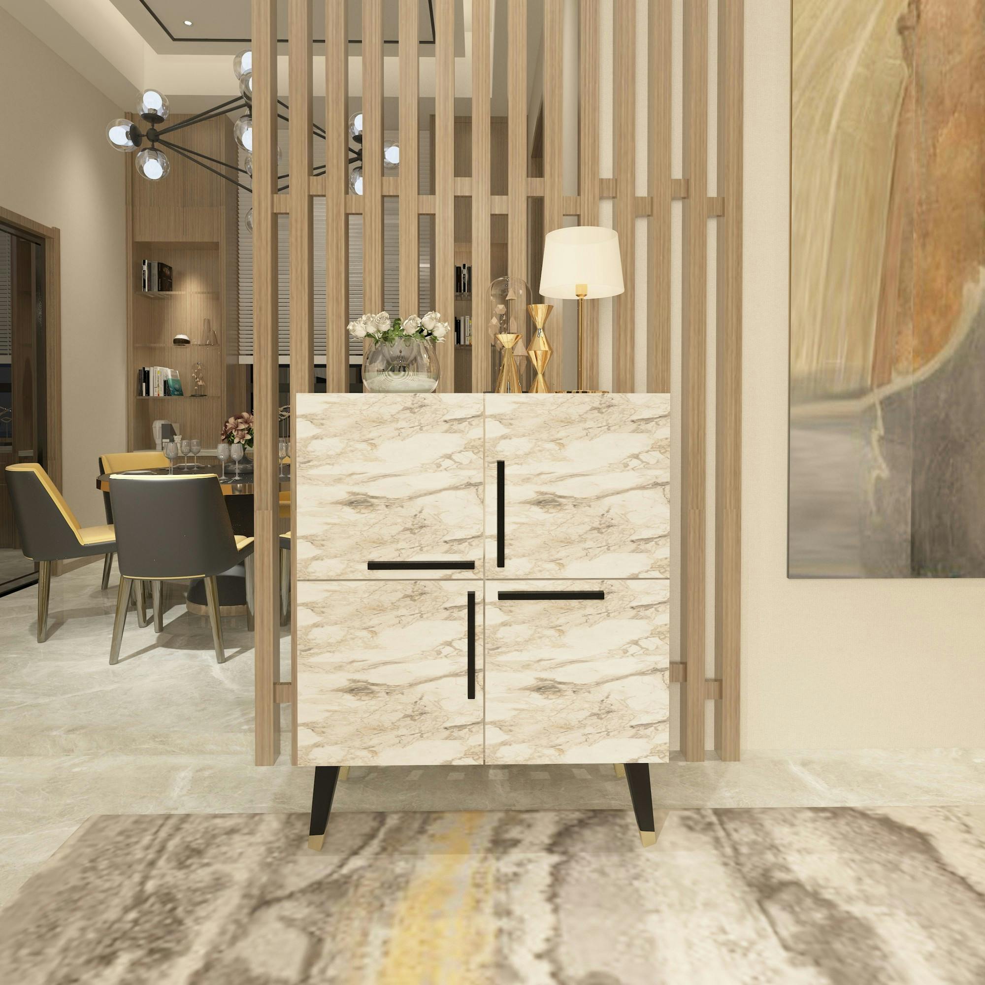 Buffet haut moderne effet marbre beige - 4 portes JENA