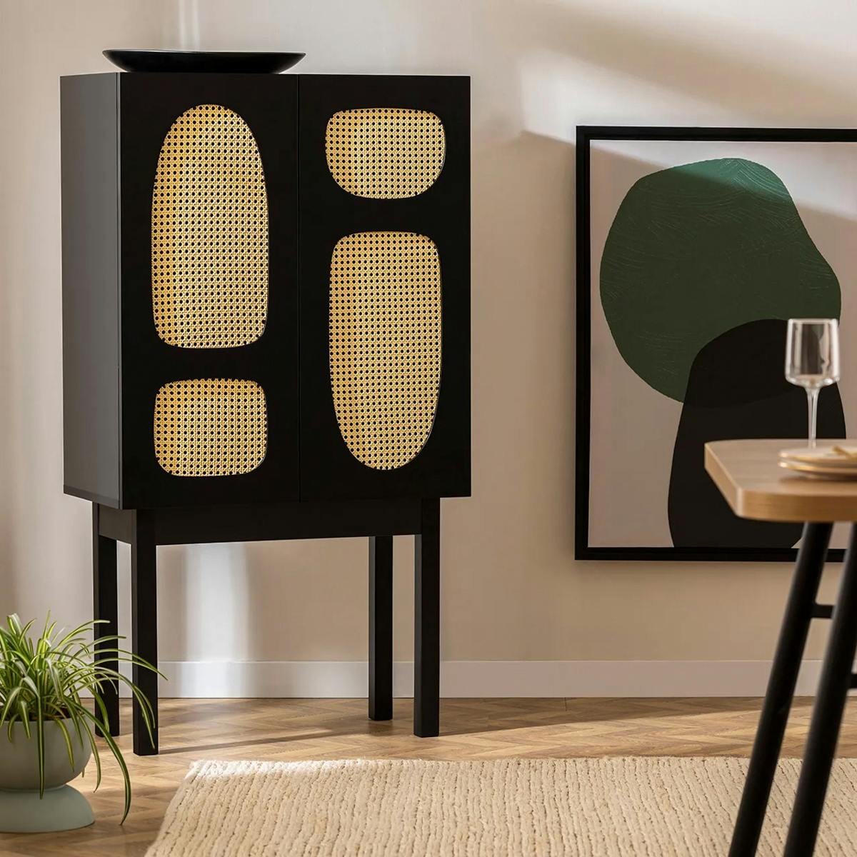 Buffet haut noir 2 portes à cannage organique VAREN