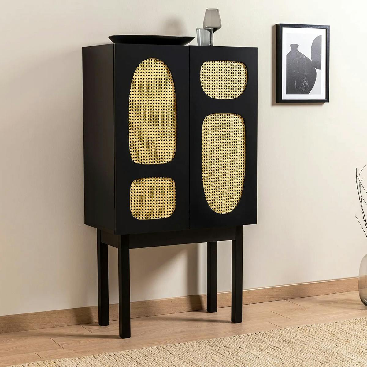 Buffet haut noir 2 portes à cannage organique VAREN