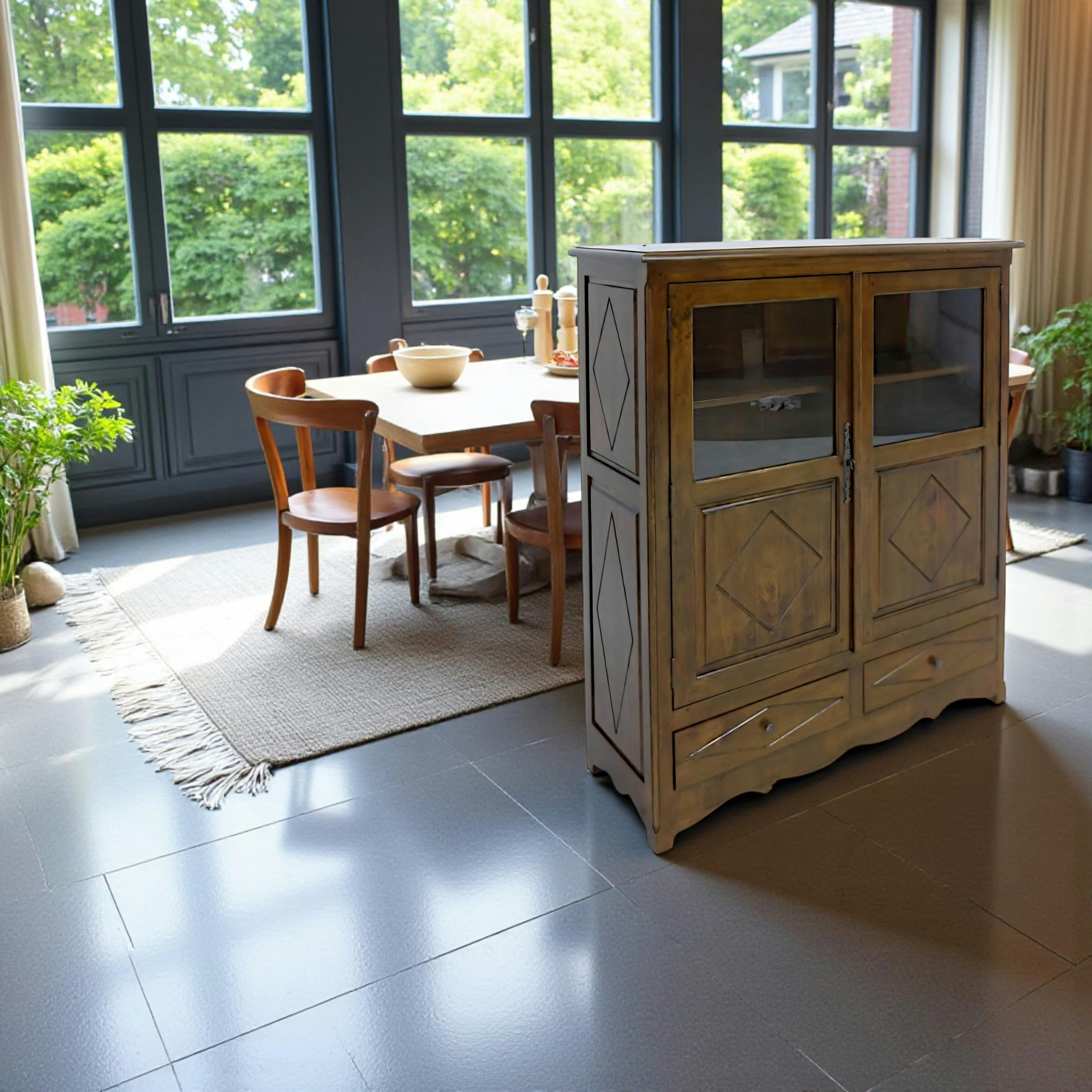 Buffet Hévéa 2 portes mi-vitrées, 2 tiroirs 110x40x130cm TRADITION