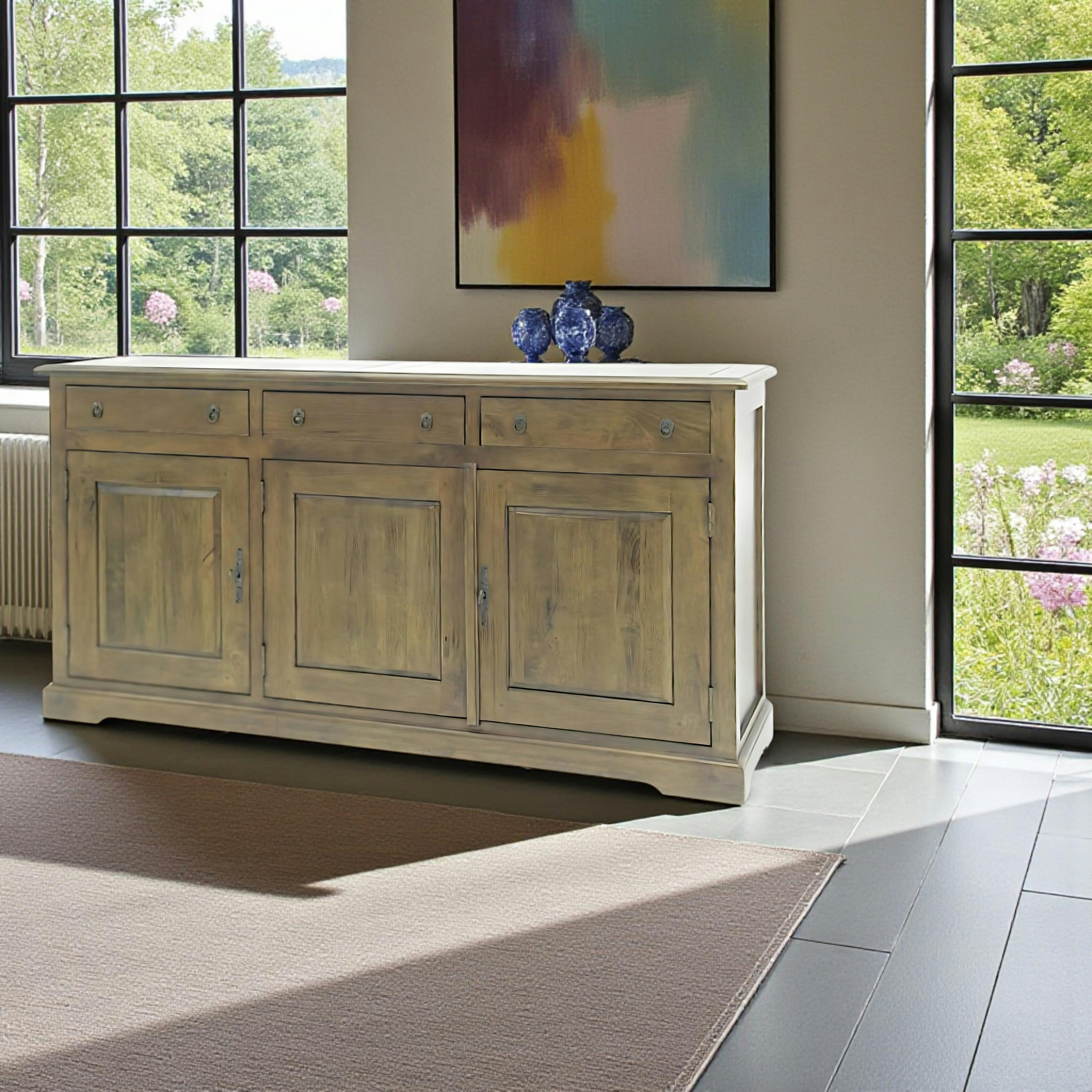 Buffet long 3 portes hévéa 150x45x80cm TRADITION