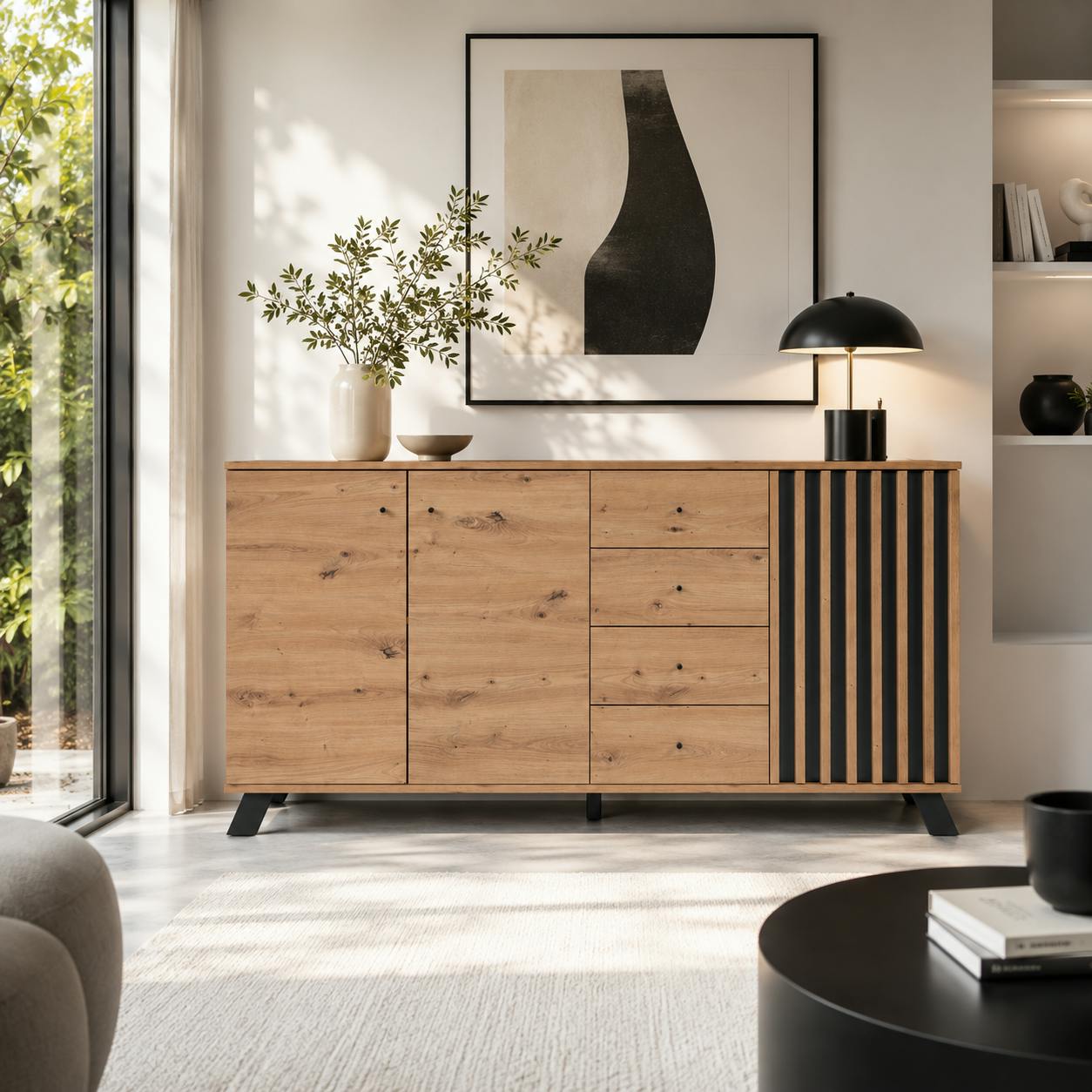 Buffet long moderne 1 porte noire rainurée 160 cm ALVA