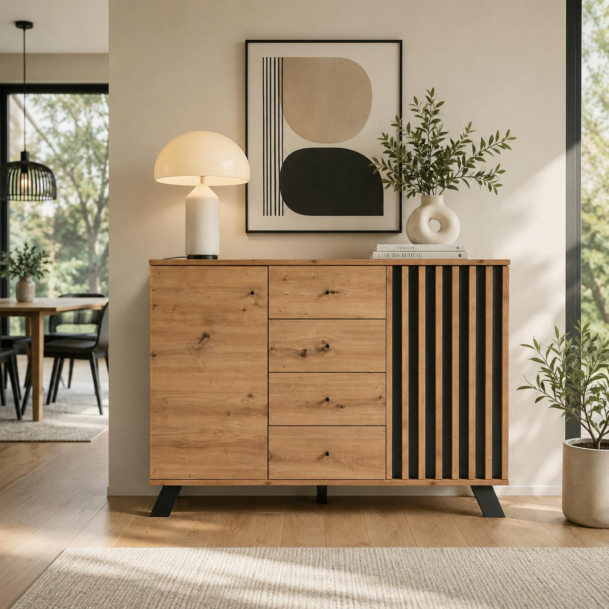 Buffet moderne 1 porte noire rainurée 4 tiroirs ALVA