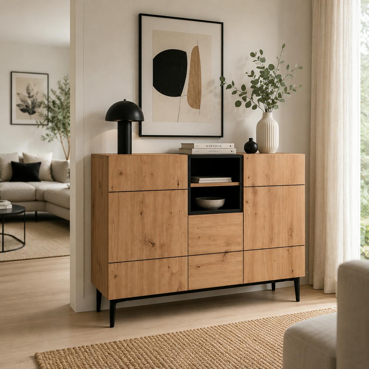 Buffet moderne 3 portes décor bois et noir ALVA