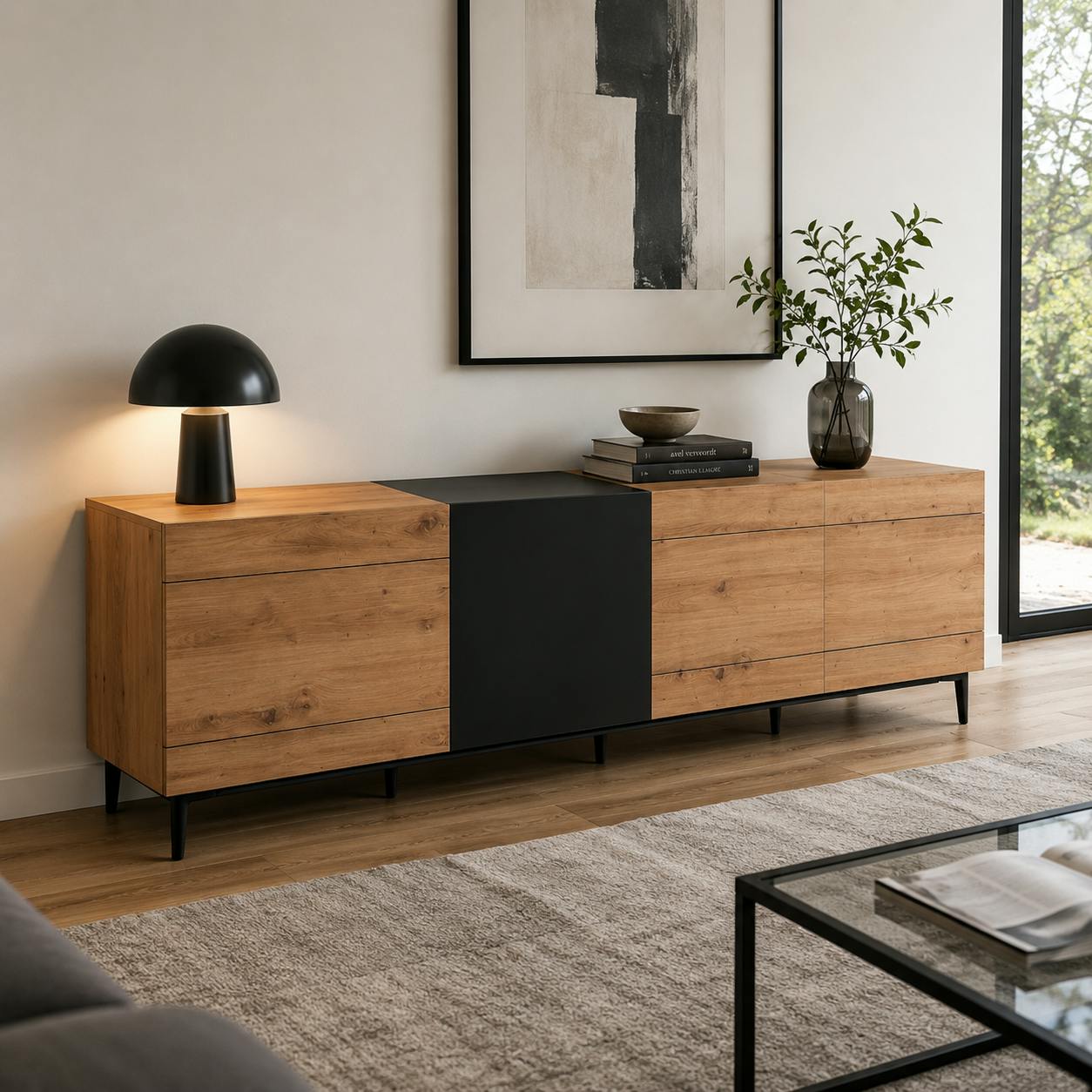 Buffet moderne 4 portes décor bois et noir ALVA