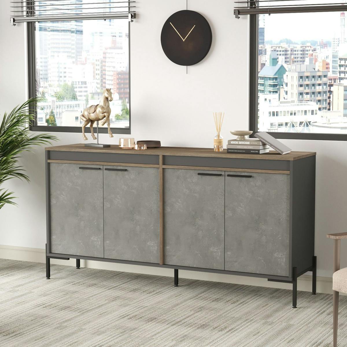 Buffet moderne 4 portes décor bois foncé, béton et gris JENA