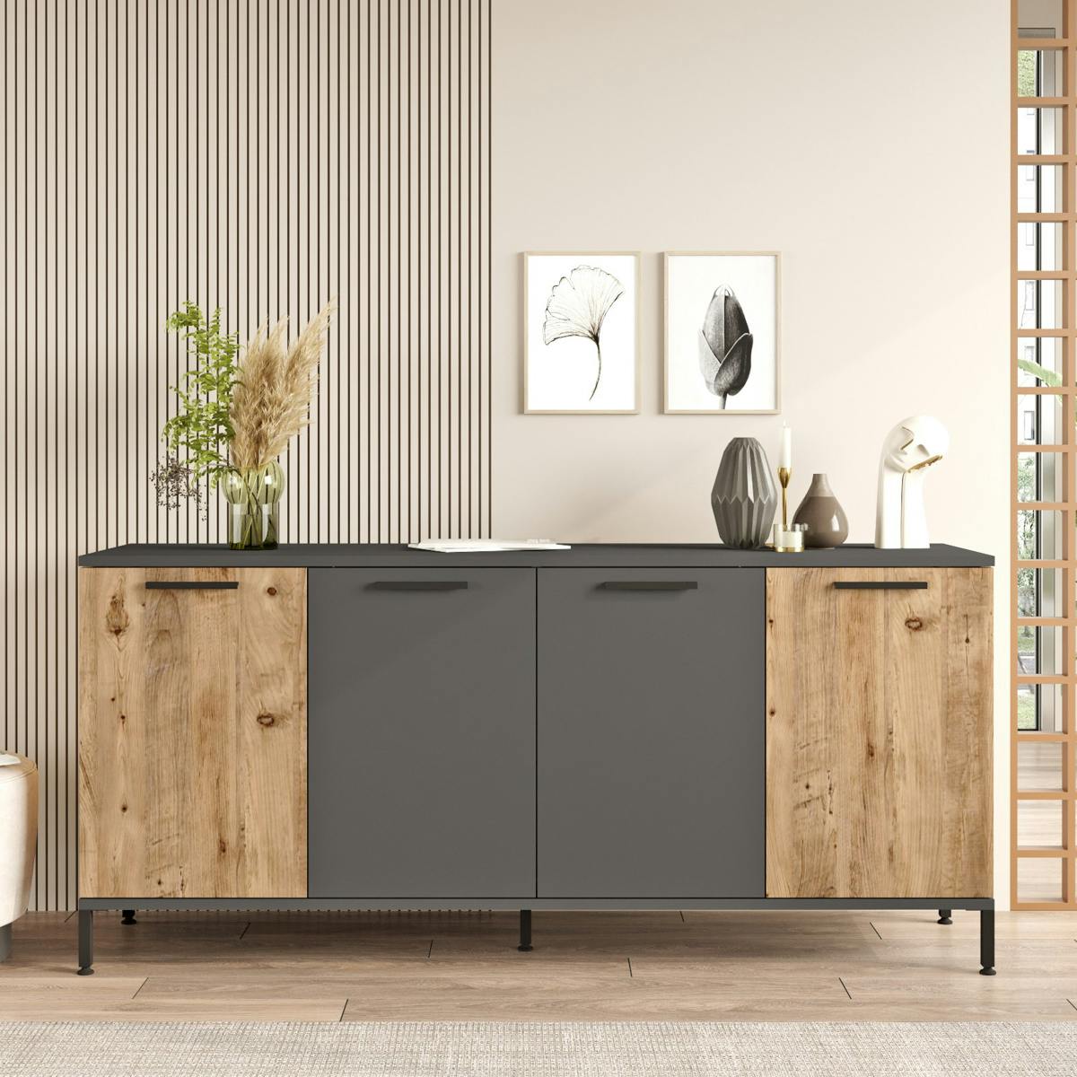 Buffet moderne 4 portes effet bois et anthracite JENA