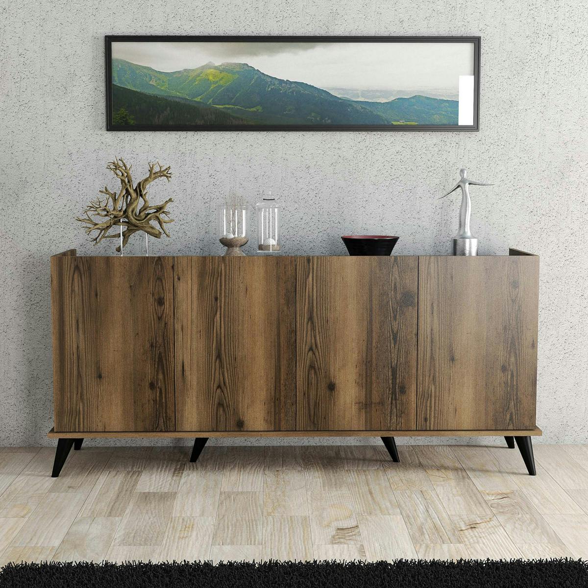 Buffet moderne 4 portes effet noyer et marbre noir UMEA