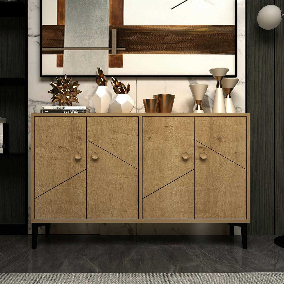 Buffet moderne 4 portes motif graphique décor bois UMEA