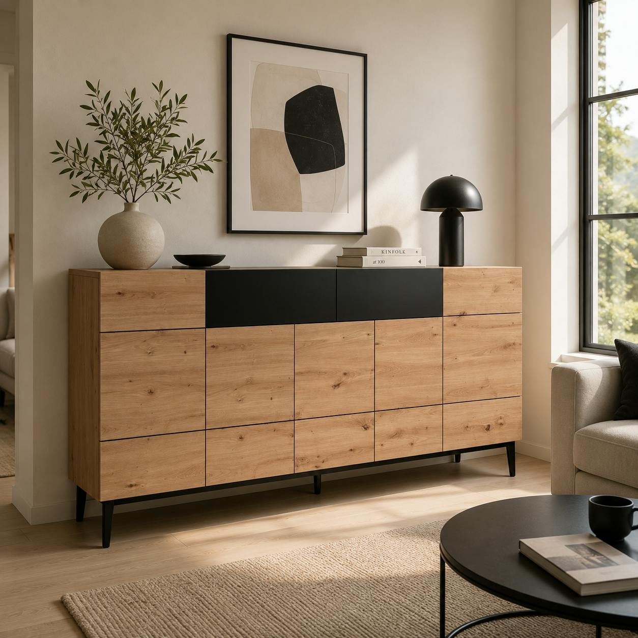 Buffet moderne 5 portes 1 tiroir décor bois et noir ALVA