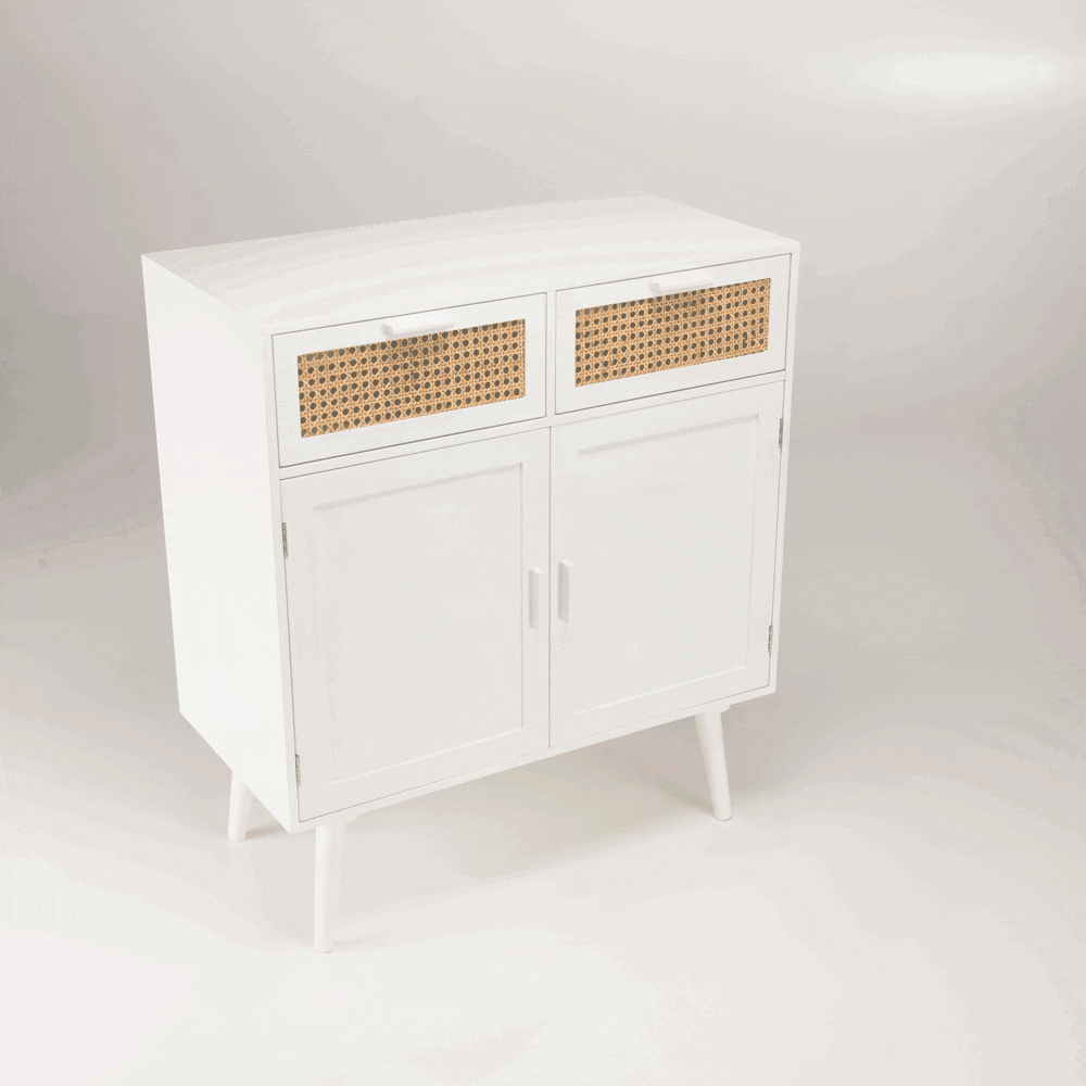 Buffet moderne bois blanc 2 portes 2 tiroirs rotin CALVIA | Buffets ...