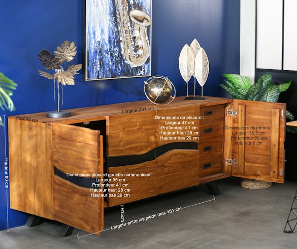 Buffet moderne bois recyclé teck laque noire 200 cm BARBADE