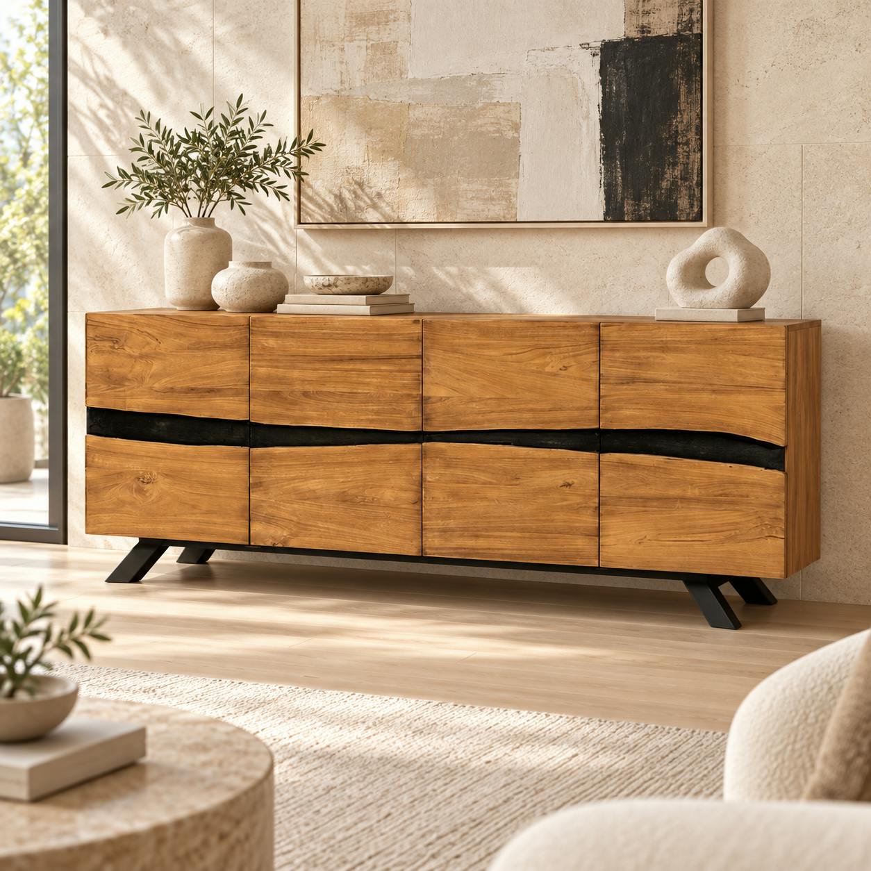 Buffet moderne bois recyclé teck laque noire 200 cm BARBADE