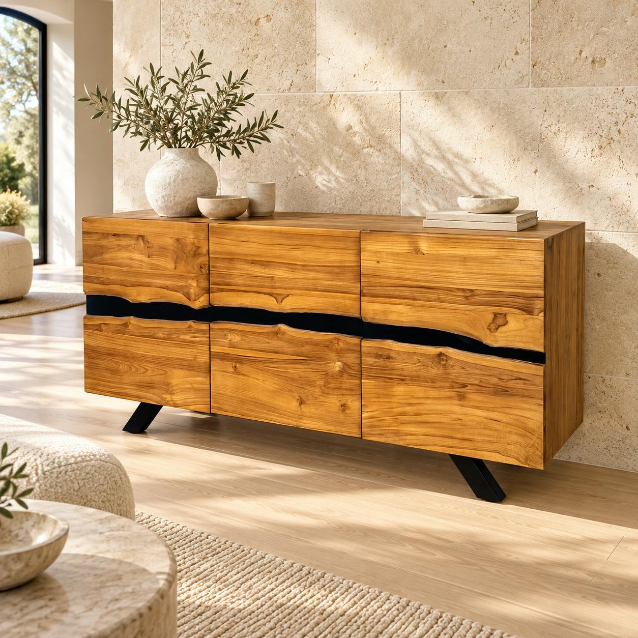 Buffet moderne bois recyclé teck laque noire BARBADE