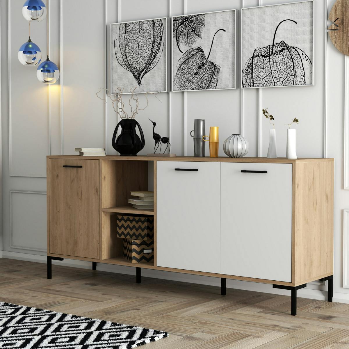 Buffet moderne effet bois et blanc, niches ouvertes JENA