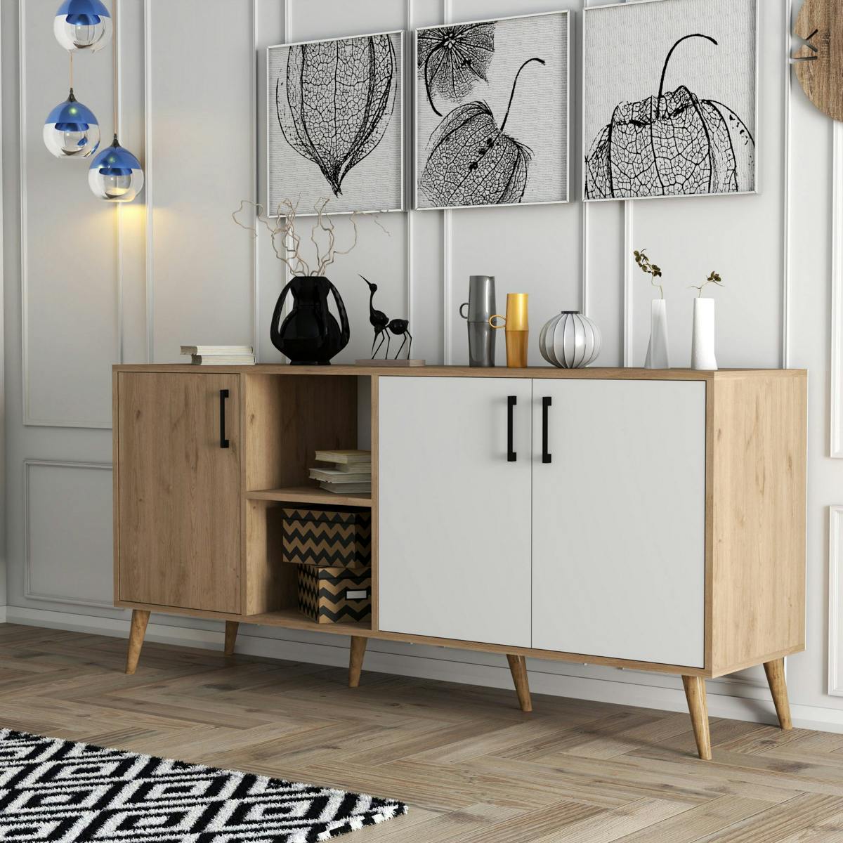 Buffet moderne effet bois et blanc, pieds obliques MARFA