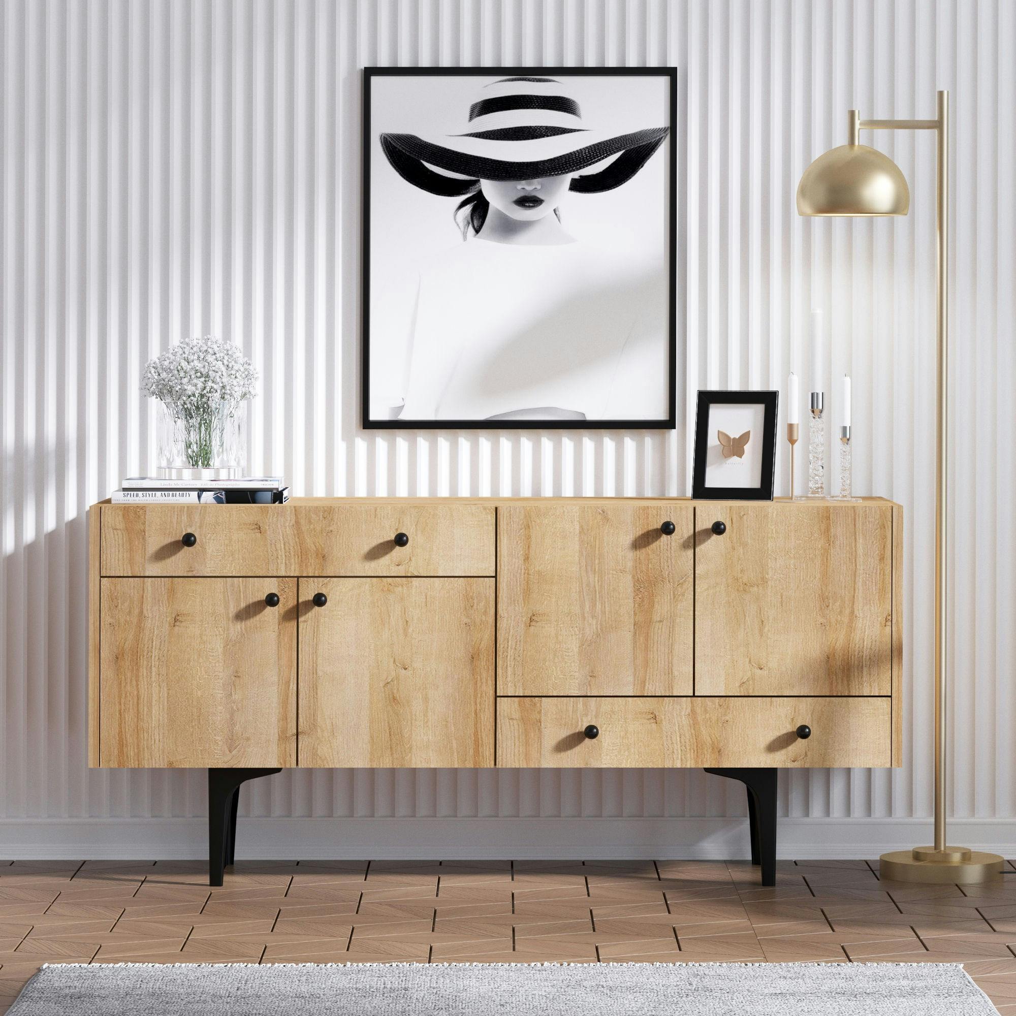 Buffet moderne effet chêne - 4 portes, 2 tiroirs JENA