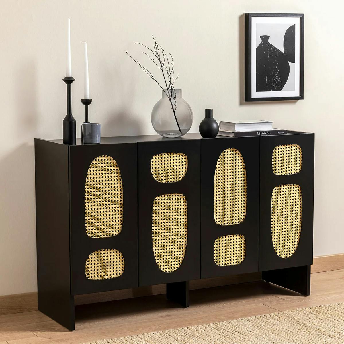 Buffet noir bohème à cannage organique, 1 tiroir VAREN