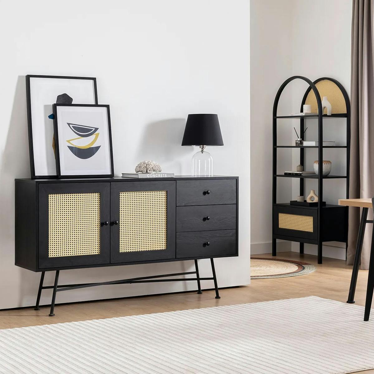 Buffet noir bohème avec cannage, 2 portes 3 tiroirs VAREN