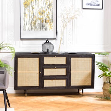  Buffet noir en bois et cannage ALICANTE