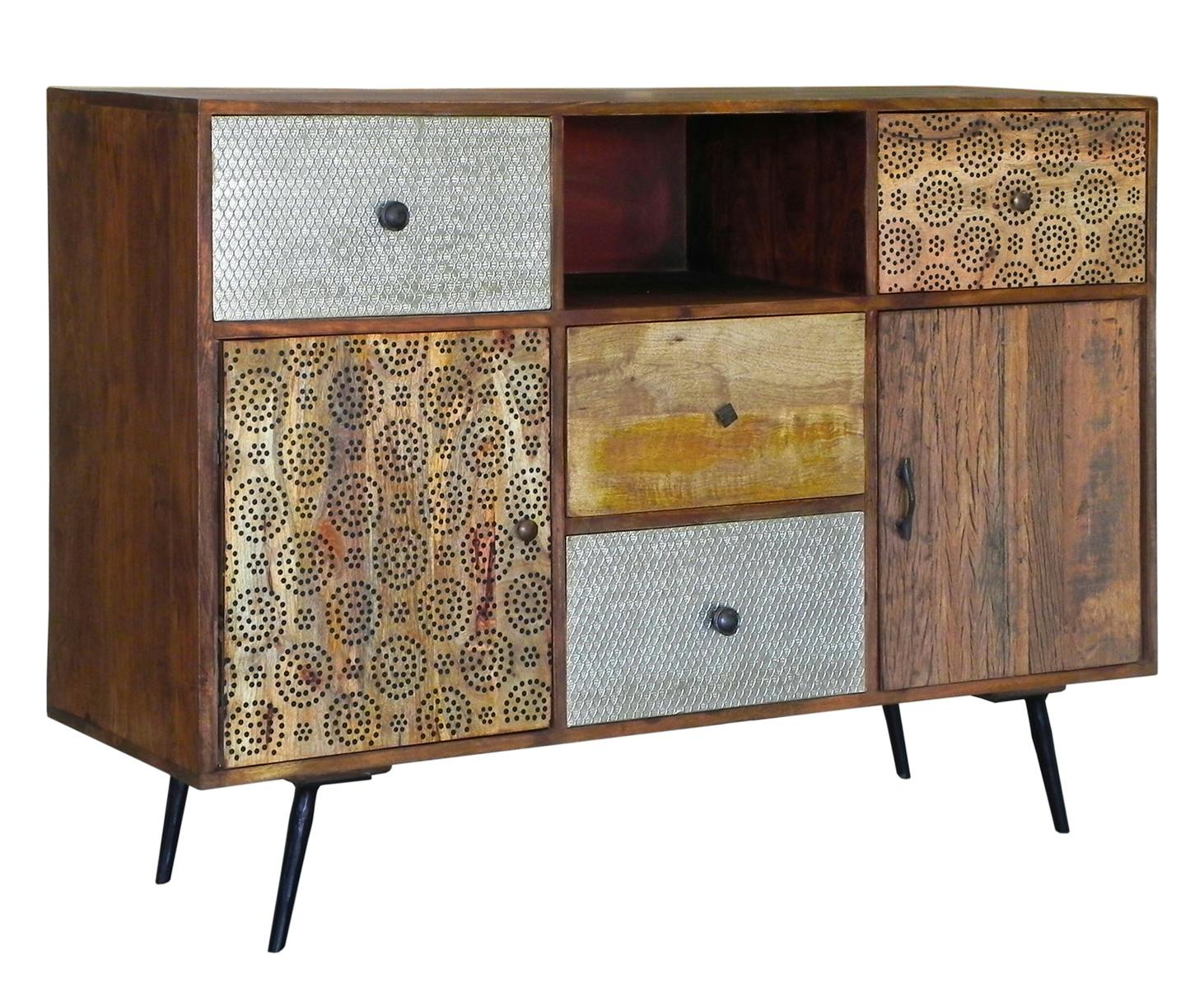 Buffet Patchwork 2 portes, 4 tiroirs et 1 niche en bois exotique 130x40x90cm PATCHOULI