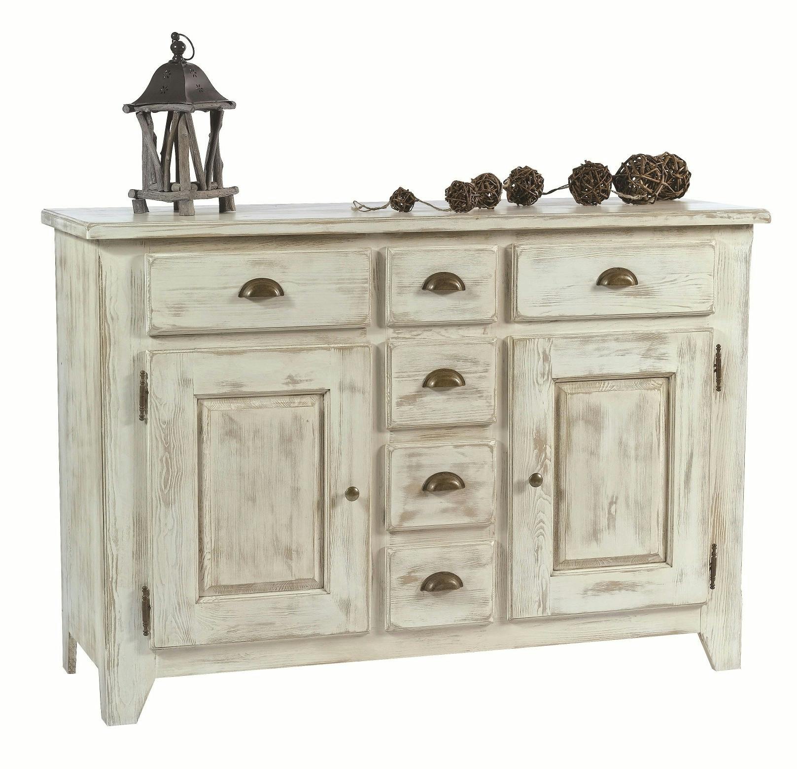 Buffet pin blanchi 2 portes 6 tiroirs 146x50x100cm RIVAGE