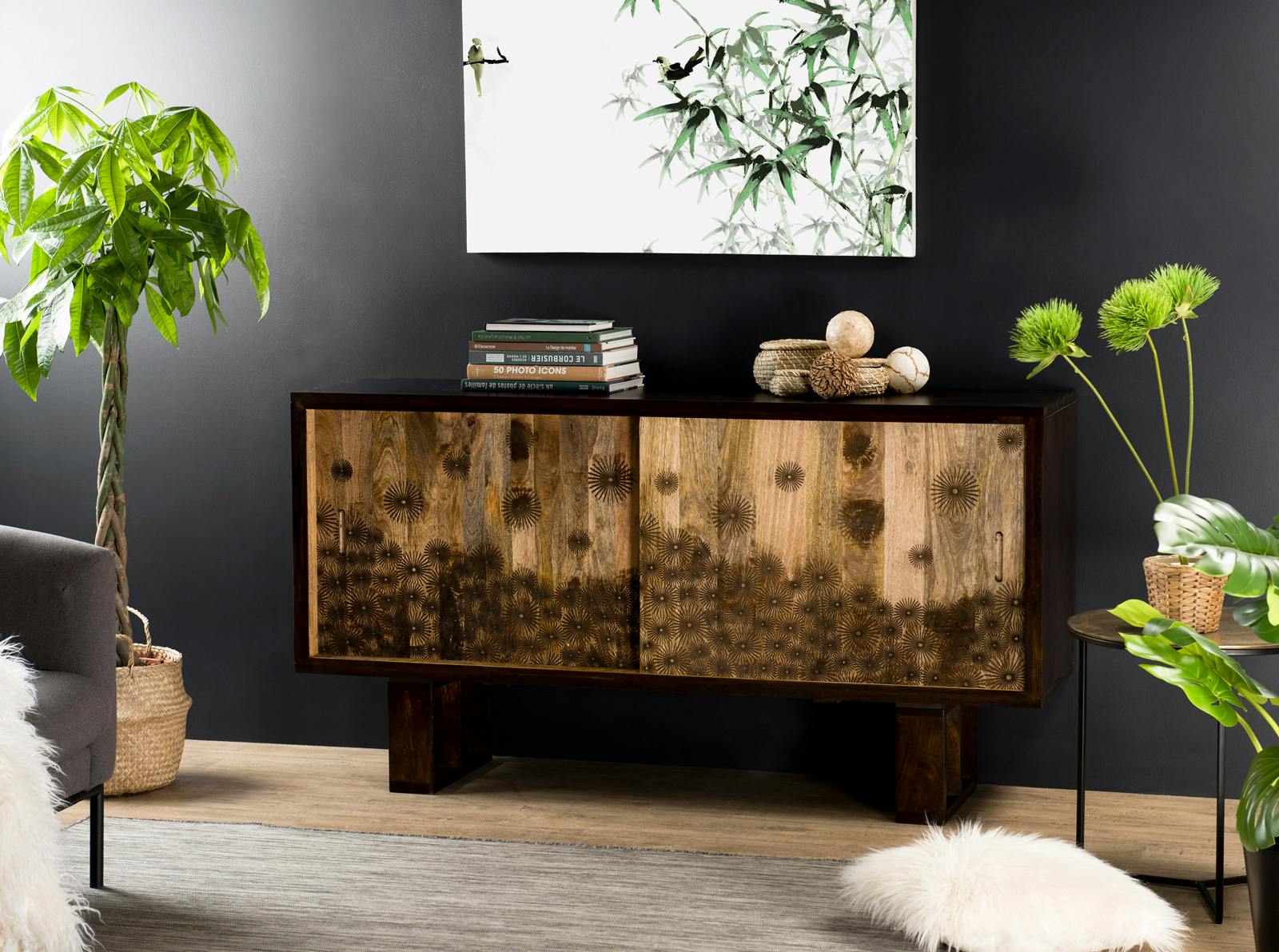 Buffet en bois de manguier portes coulissantes de style exotique