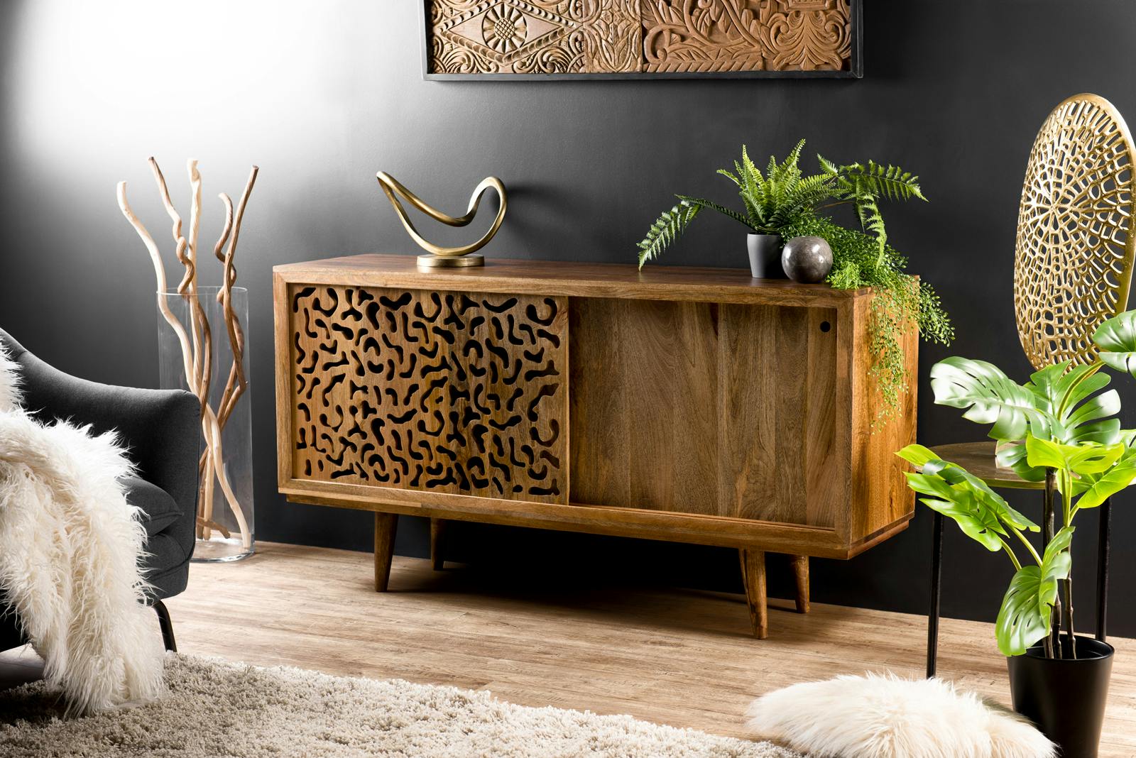 Buffet en bois de manguier portes coulissantes de style exotique