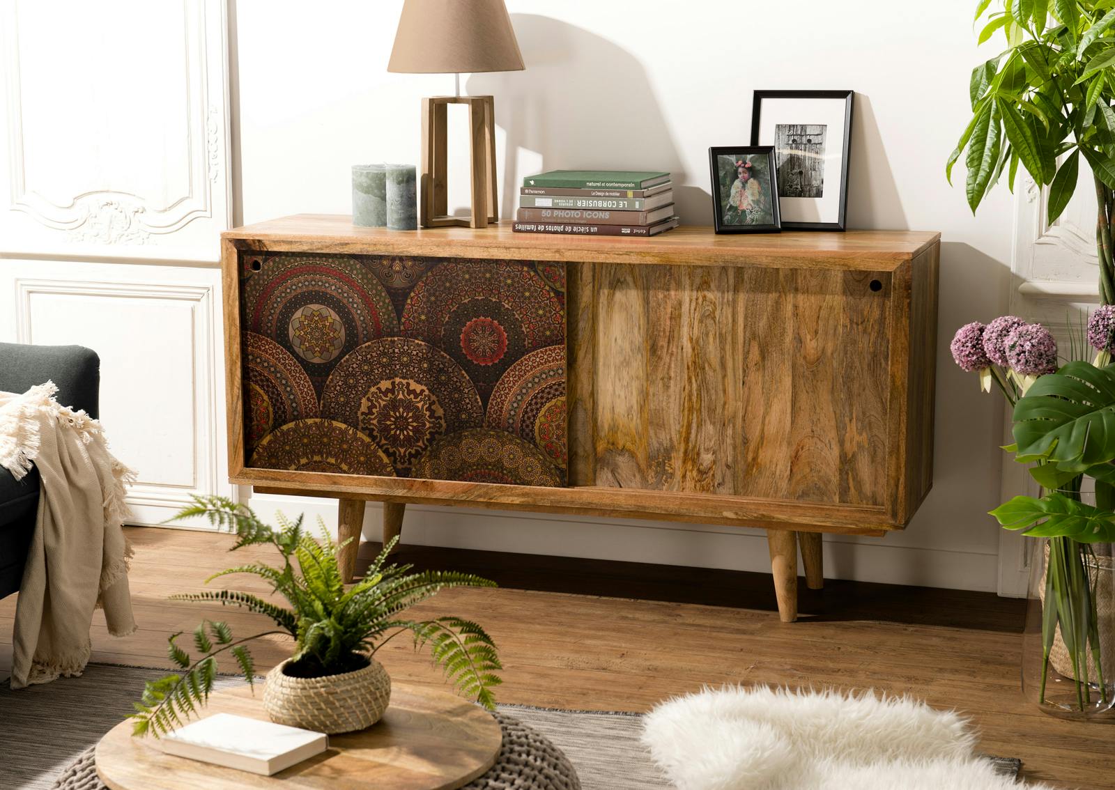 Buffet en bois de manguier portes coulissantes de style exotique