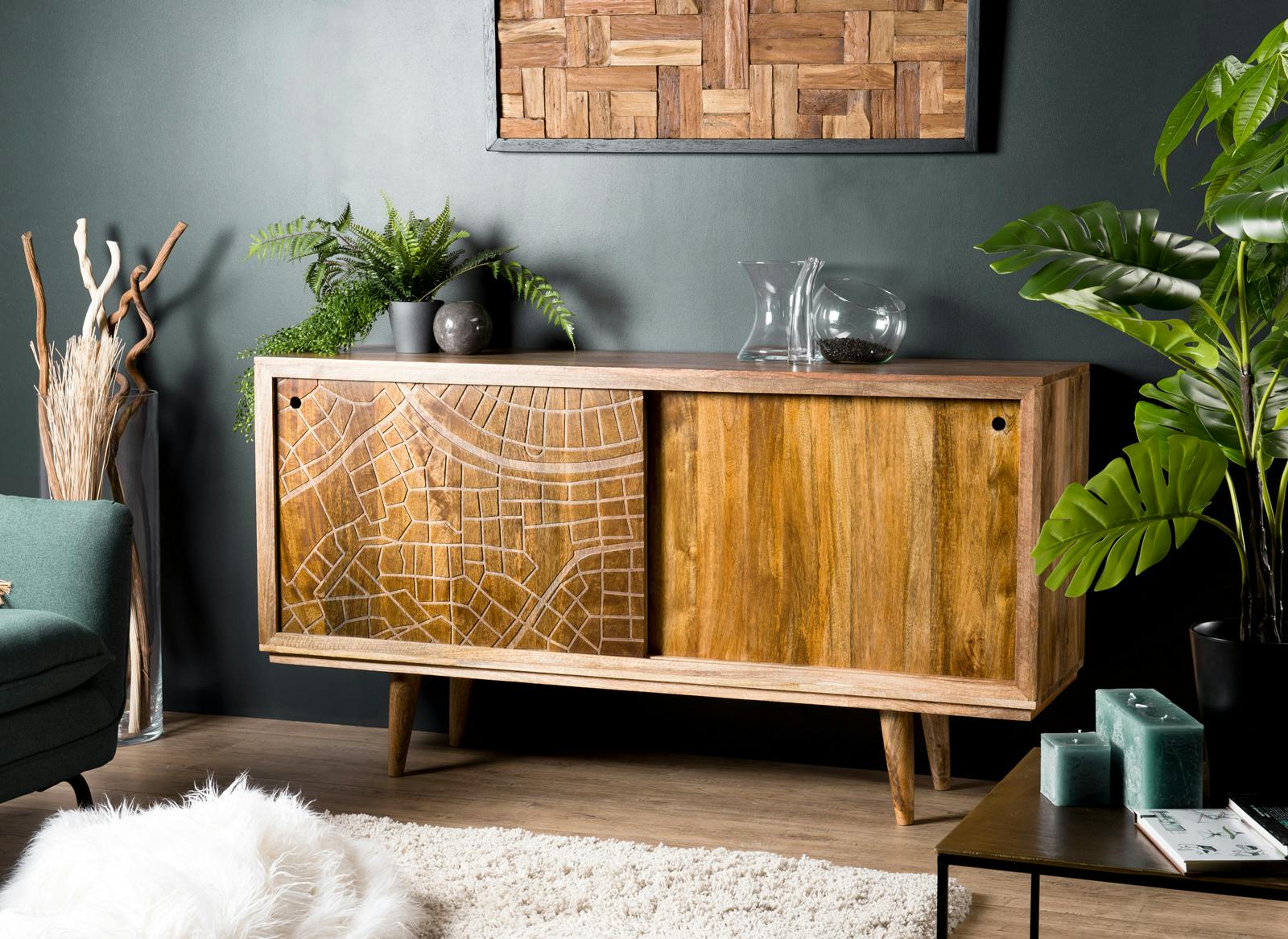 Buffet en bois de manguier portes coulissantes de style exotique