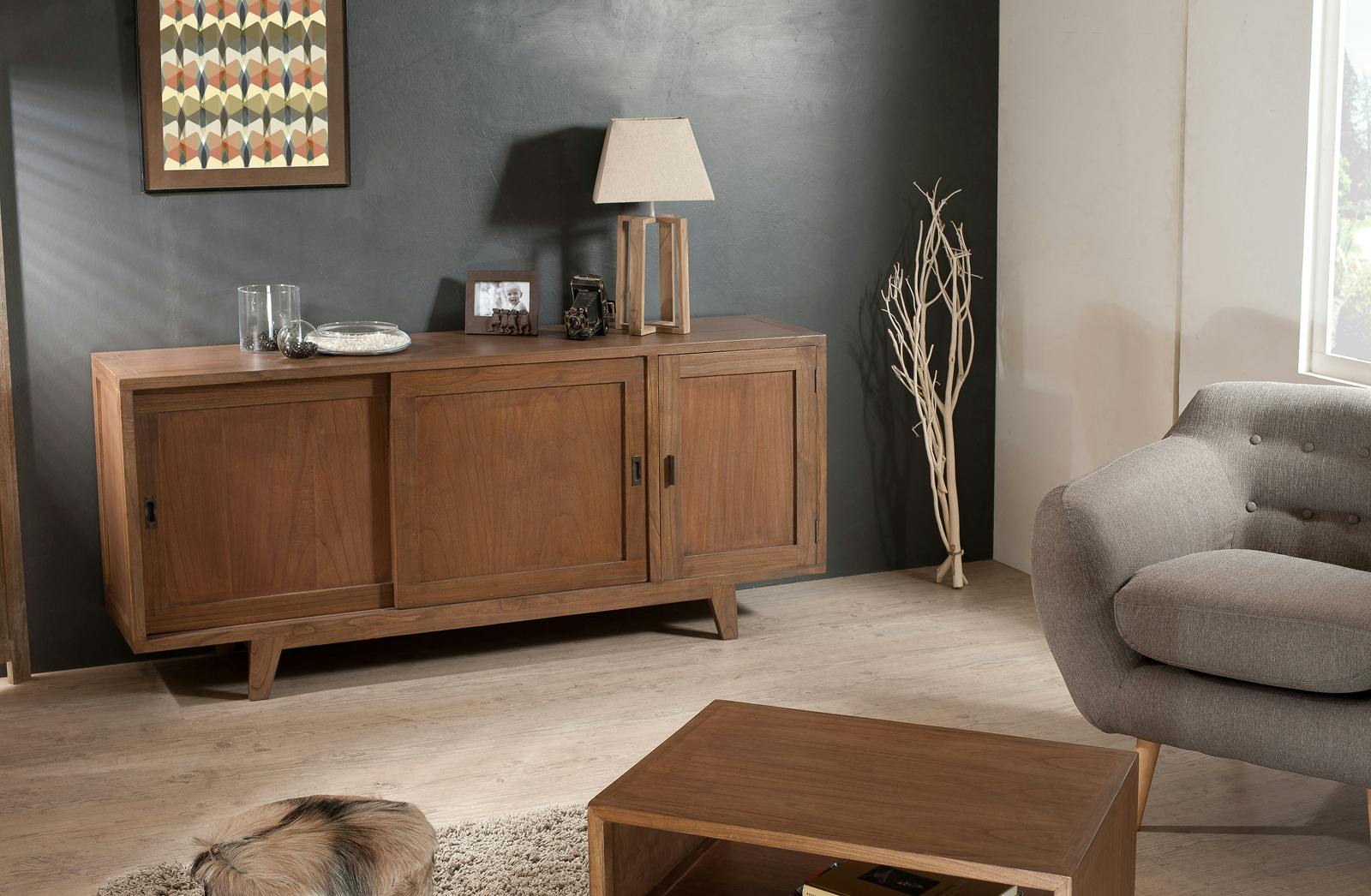 Buffet portes coulissantes cannelle exotique bois 180cm LOUNA