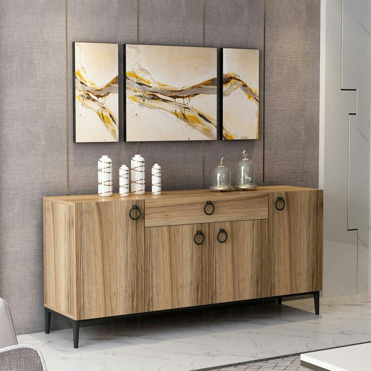 Buffet rustique 4 portes effet bois, poignées anneaux JENA