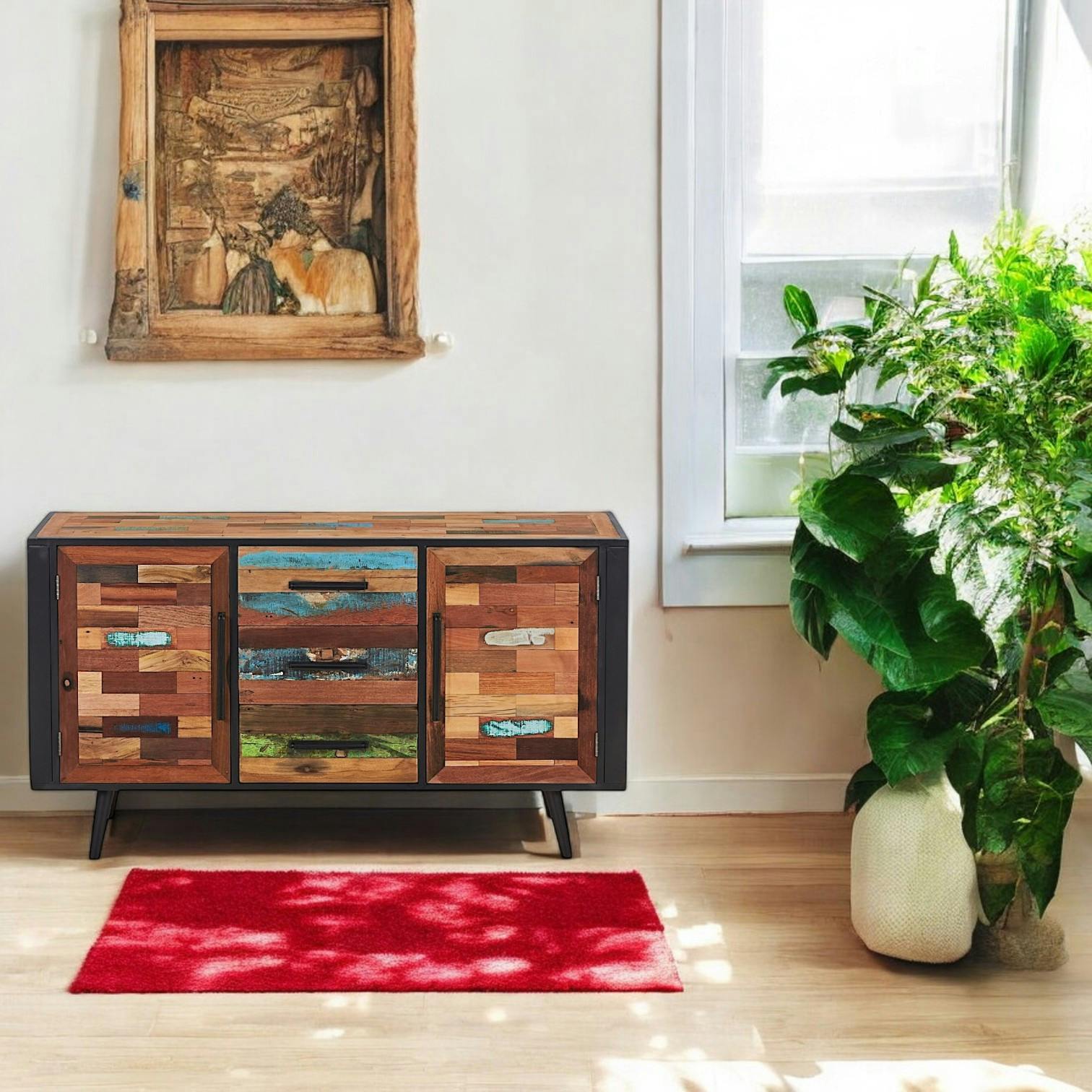 Petit buffet en bois recycle et metal de style industriel