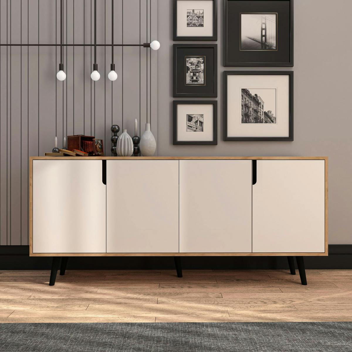 Buffet salle à manger 4 portes blanches et effet bois MARFA