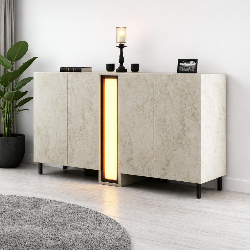 Buffet salle à manger 4 portes décor travertin colonne LED AURA
