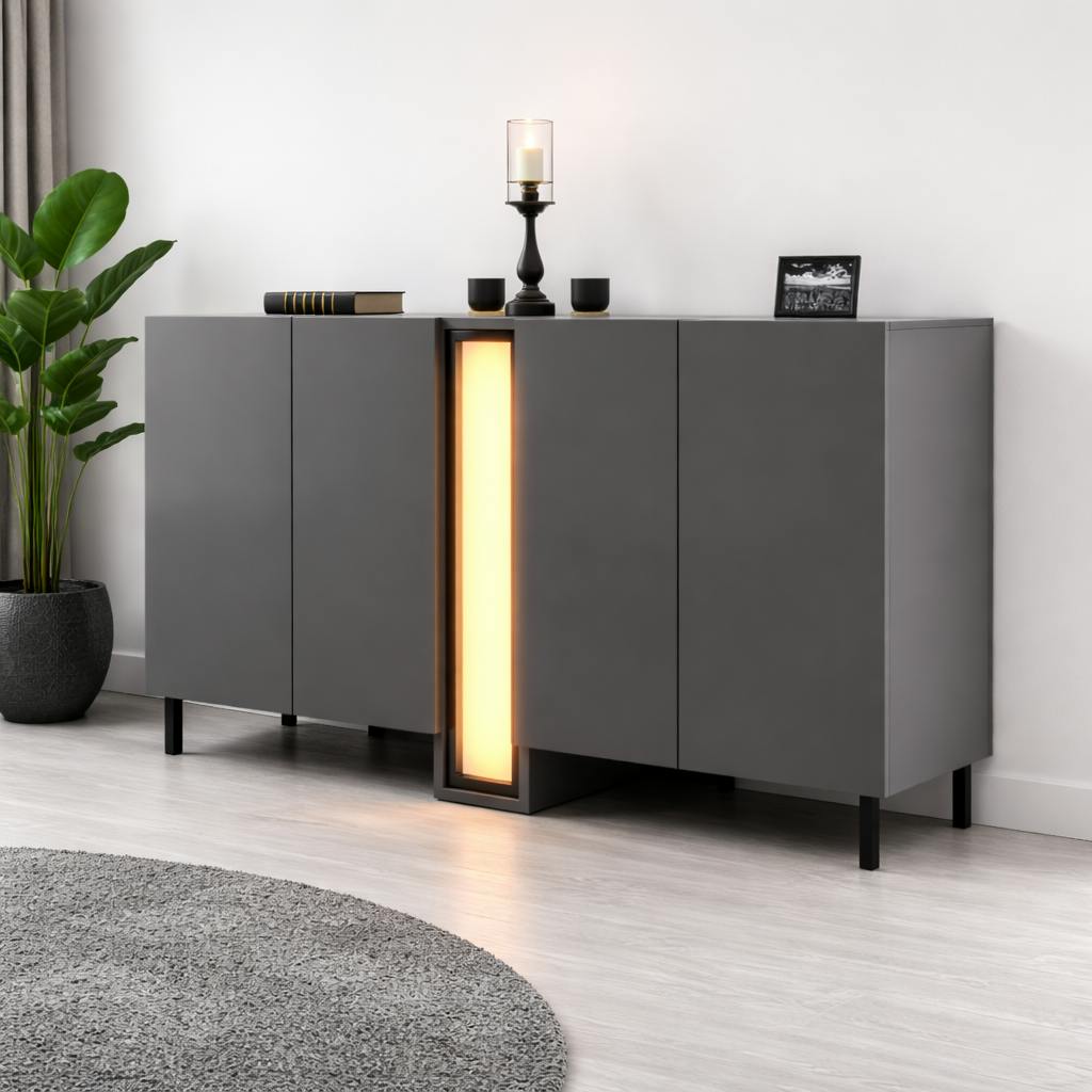 Buffet salle à manger 4 portes gris colonne LED AURA