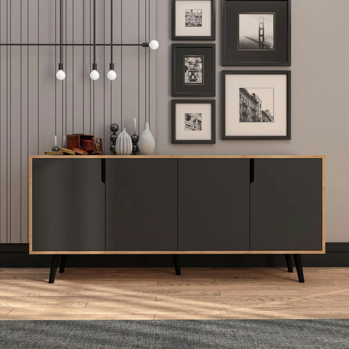 Buffet salle à manger 4 portes grises et effet bois MARFA