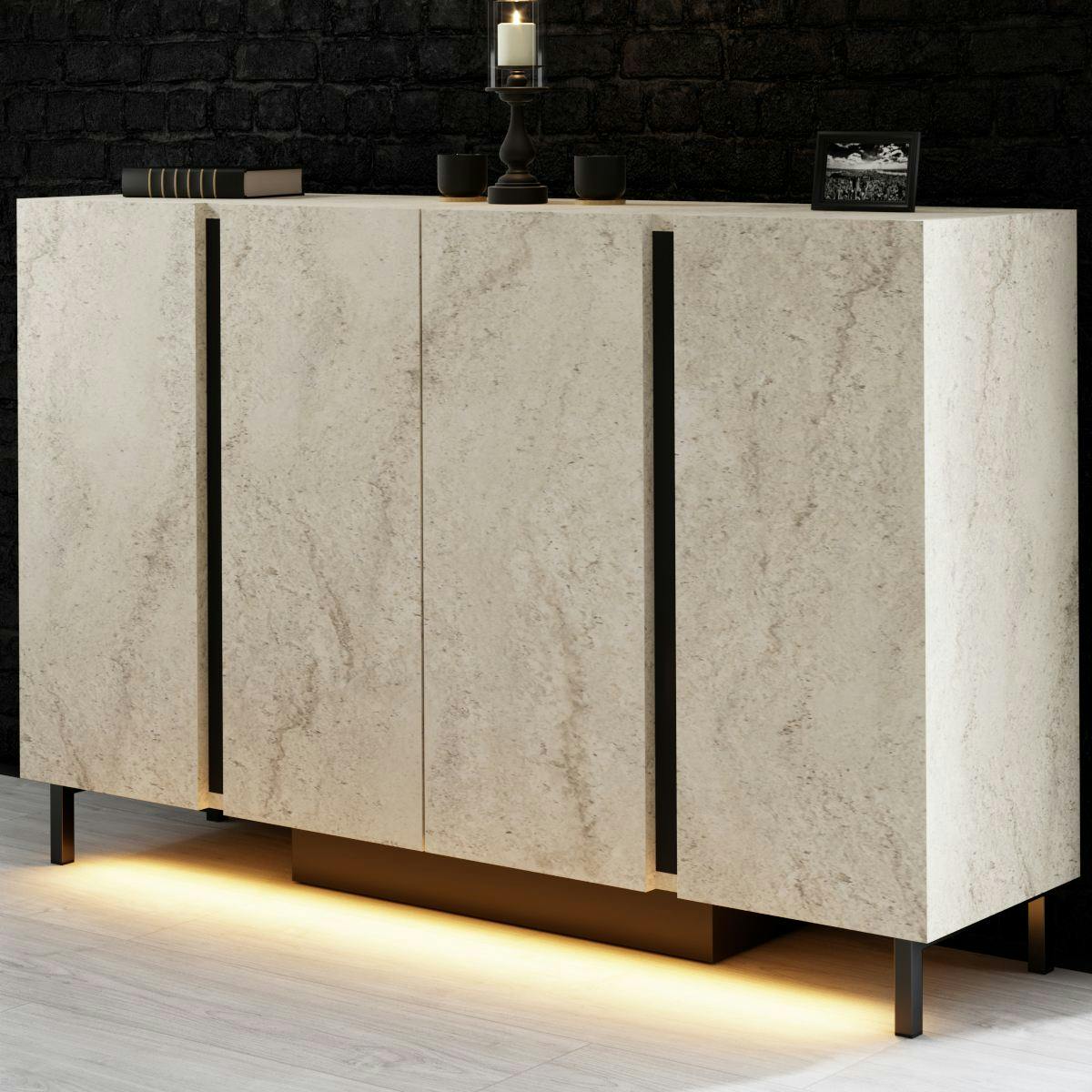 Buffet salle à manger 4 portes LED décor travertin AURA