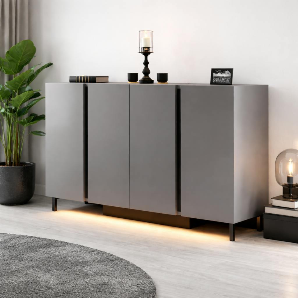 Buffet salle à manger 4 portes LED gris foncé AURA