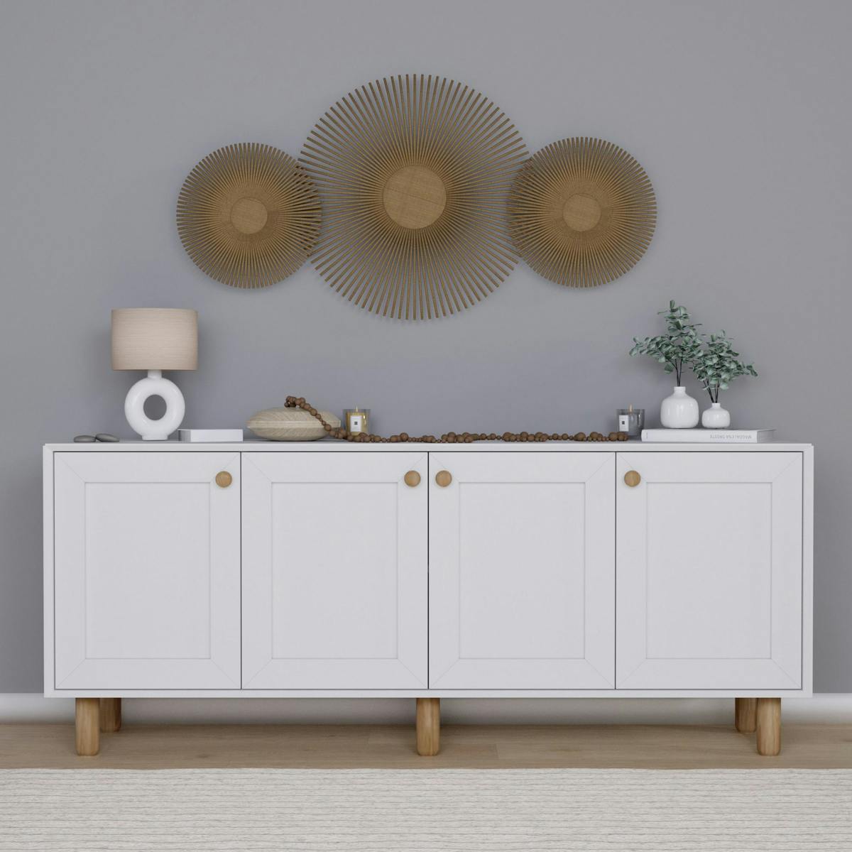 Buffet salle à manger blanc 4 portes à détail cadre VAREN